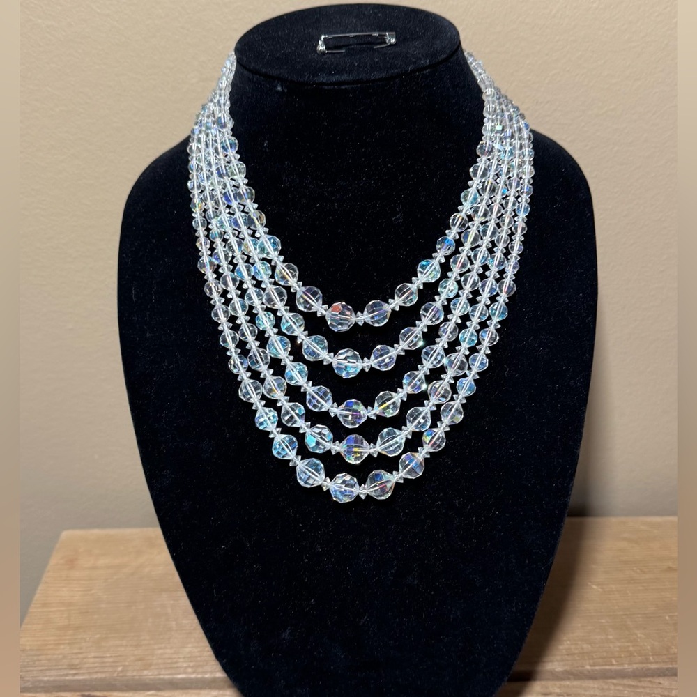 Vintage LISNER Five Strands Faceted Aurora Borealis Glass Beaded Necklace